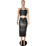 Gold Chain Back Leather Skirt Set Black PU Faxu Leather 2 peice - Divine Diva Beauty