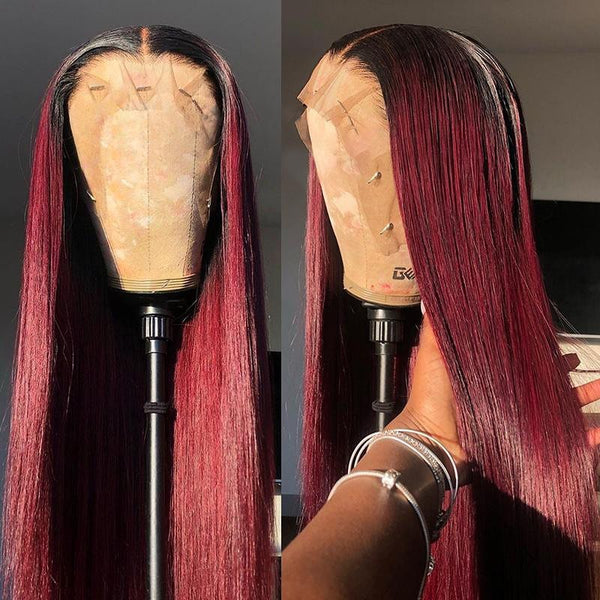 Peruvian Straight Hair 360/13X6 Lace Front Wig Human Hair Wigs 1B99J Red Burgundy Pre-Plucked 180% Remy Human Hair Deep Part Wig - Divine Diva Beauty