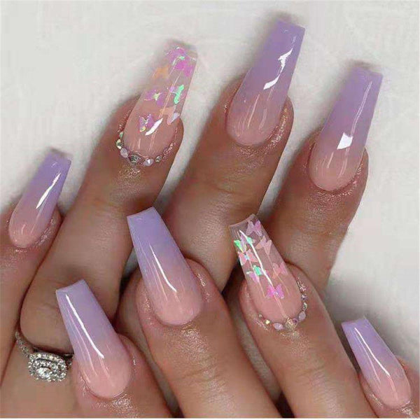 24pcs/set Long Coffin Fake Nails Gradient Butterfly Design Ballerina Fasle Nails With Glue Full Cover Nail Tips Press On Nails - Divine Diva Beauty