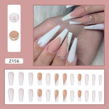 24pcs Full Cover Rhinestone Long Ballet False Nails with Design White Natural Coffin Press on Artificial Nail Art Tips with Glue - Divine Diva Beauty