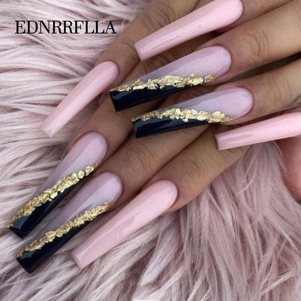Long Coffin False Nails with designs French Pop Ballerina Fake Nails Flowers Press On Nail Tips Manicure Decoration Nail Art - Divine Diva Beauty