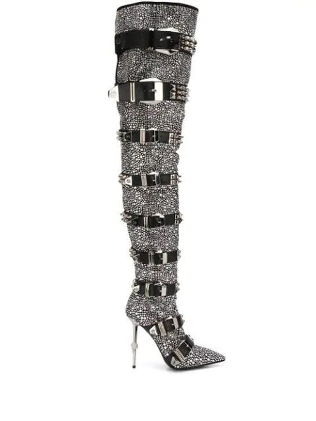 Crystal Over The Knee Boots Fashion Thigh High Buckle Strap Boots - Divine Diva Beauty