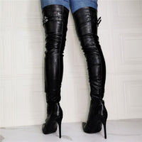 Black Women Boots Metal Decor Thigh High Buckle Strap 11+ - Divine Diva Beauty