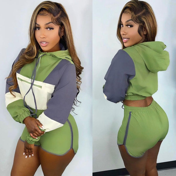 Patchwork Two Piece Set Long Sleeve Hooded Crop Top Biker Shorts Fall - Divine Diva Beauty