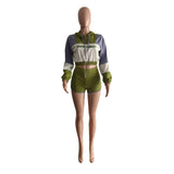 Patchwork Two Piece Set Long Sleeve Hooded Crop Top Biker Shorts Fall - Divine Diva Beauty