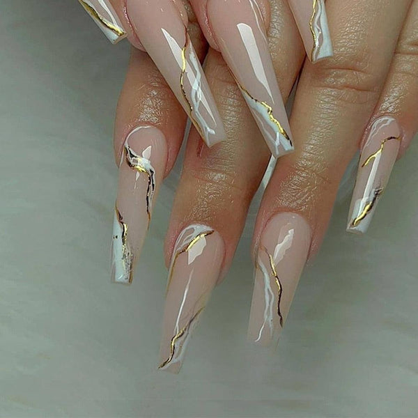 24Pcs/Box Marbling Long Coffin Fake Nails with Gold Line Design Ballerina Manicure Patches Press On Nails Detachable False Nails - Divine Diva Beauty