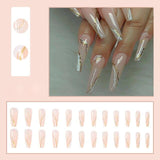 24Pcs/Box Marbling Long Coffin Fake Nails with Gold Line Design Ballerina Manicure Patches Press On Nails Detachable False Nails - Divine Diva Beauty