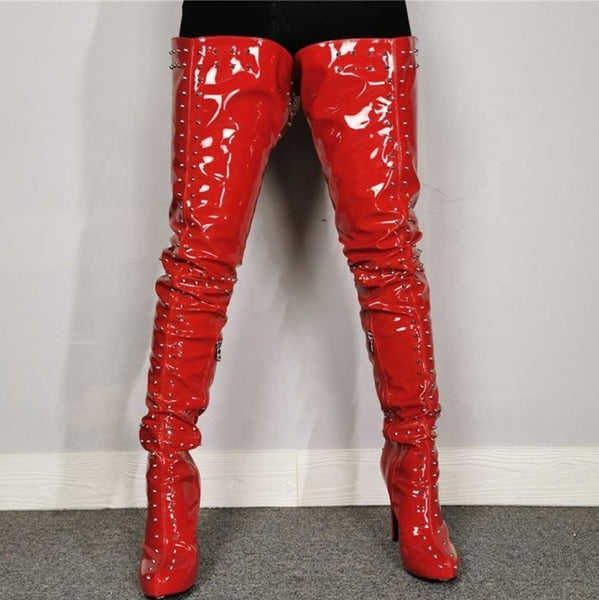 Hot red Rivet Sexy Long Thigh shoe Boots 11+ - Divine Diva Beauty