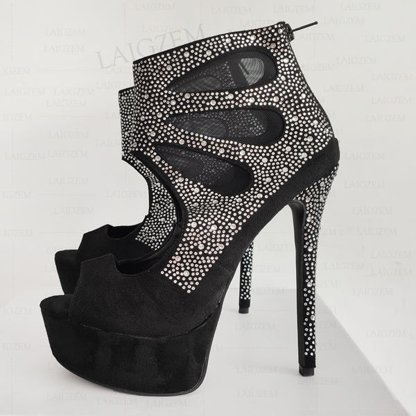 Crystal Platform Peep Toe Heels Back Zip Suede Pumps shoe - Divine Diva Beauty