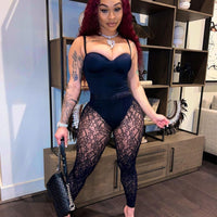 Sexy Clubwear bodysuit Black Lace Mesh Leggings and Bodysuit 2 Piece Set - Divine Diva Beauty