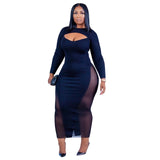 Plus Size avail Mesh Patchwork Sexy Dresses Bodycon Long Sleeve Black Dress - Divine Diva Beauty