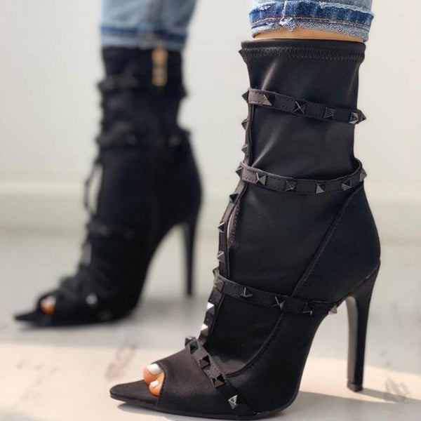 Ankle Boots High Heel Rivet Peep Toe shoe - Divine Diva Beauty