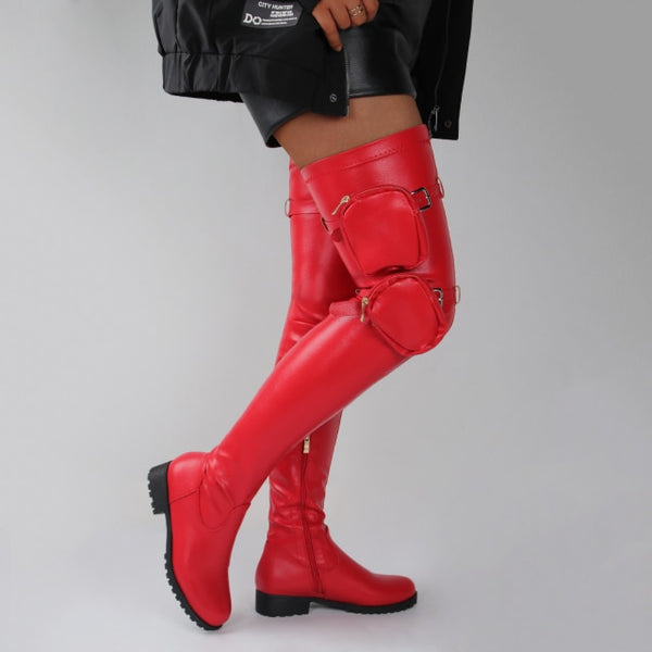 Knee High Boots Pu Leather Round Toe Pocket Bags Boots shoe 11+ - Divine Diva Beauty