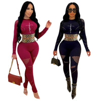 Autumn Woman Two-piece Sexy Printed Long Sleeve Waist Bodycon Crop Top Grid Hollow Stitching Lounge Outfits Streetwear - Divine Diva Beauty