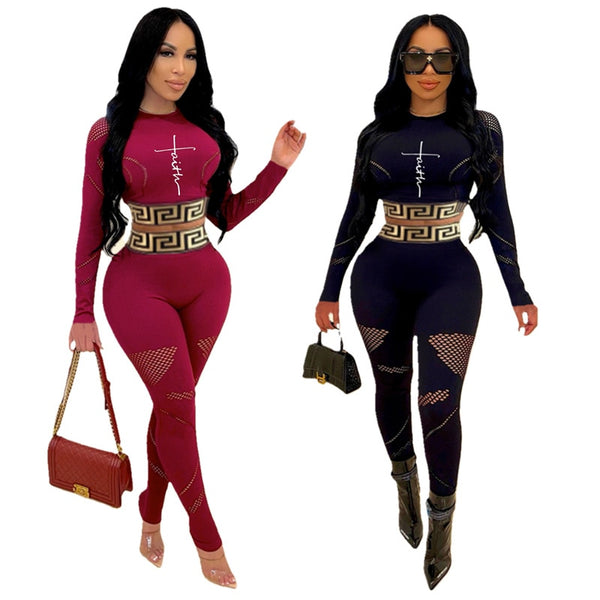 Autumn Woman Two-piece Sexy Printed Long Sleeve Waist Bodycon Crop Top Grid Hollow Stitching Lounge Outfits Streetwear - Divine Diva Beauty