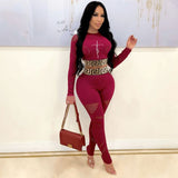 Autumn Woman Two-piece Sexy Printed Long Sleeve Waist Bodycon Crop Top Grid Hollow Stitching Lounge Outfits Streetwear - Divine Diva Beauty