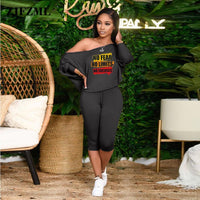 2 piece One Shoulder Long Sleeve Loose T-shirt and Bodycon Knee Length Pant Casualwear Suit - Divine Diva Beauty