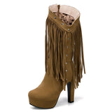 Western Cowboy Shoes Platform Thick High Heel tassel bots 11+ - Divine Diva Beauty