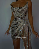 Luxury Crystal Tassel Silver Dress PLUS SIZE AVAIL - Divine Diva Beauty