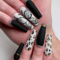 24pcs Butterfly Fake Long Nails Tips Black Press on Nails Coffin Full Cover Ballerina Wearable Design False Nail with diamond - Divine Diva Beauty