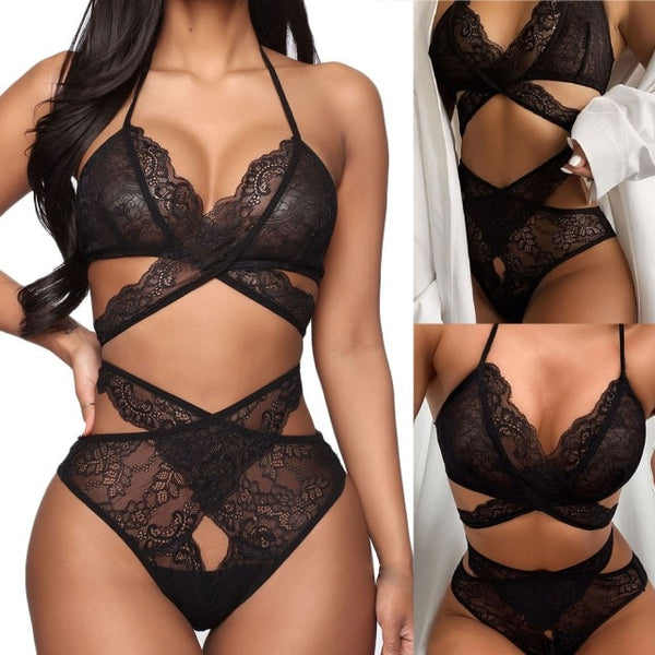Underwear Set Women Comfortable Ladies Cross Lace Wireless Bra Sets Sexy Black Lingerie - Divine Diva Beauty