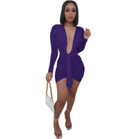 Deep V Neck Long Sleeve Bodycon Mini Dress - Divine Diva Beauty