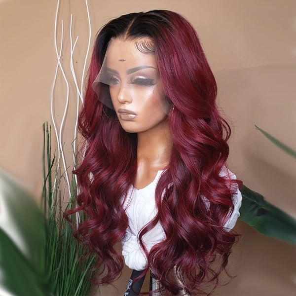 Ombre Burgundy Lace Front Wig Black Red Body Wave Human Hair Wigs Brazilian Hair Colored 1b 99J Lace Frontal Wig - Divine Diva Beauty