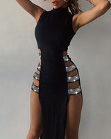 Sleeveless Mock Neck Studded Bandage Side High Slit Cutout dress - Divine Diva Beauty