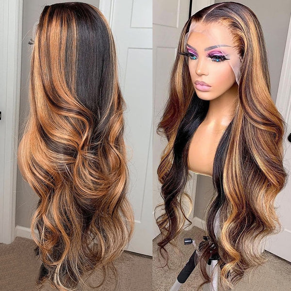 Highlight Wig Human Hair Ombre Lace Front Wig 30 Inch Brazilian Hair Wigs Honey Blonde Body Wave Lace Front Wig - Divine Diva Beauty