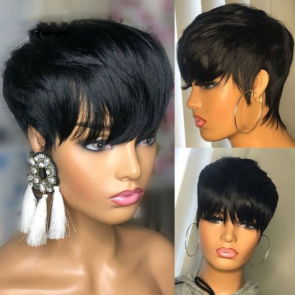 Natural Color Short Bob Straight Human Wigs With Bangs Brazilian Virgin Hair Pixie Cut Wig Human Hair Wig - Divine Diva Beauty
