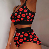2 Pieces Strawberry Print Frill Hem Cami Pajama Set Sleepwear lingerie - Divine Diva Beauty