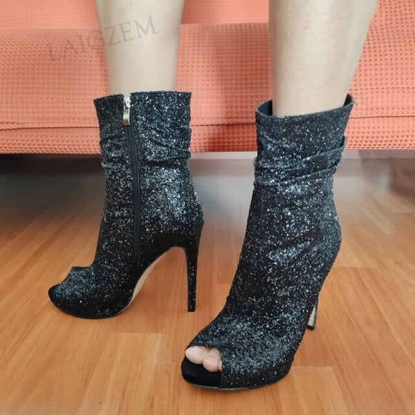 Glitter Ankle Boots Peep Toe Side Zip Black Stiletto High Heels Boot Shoe 11+ - Divine Diva Beauty