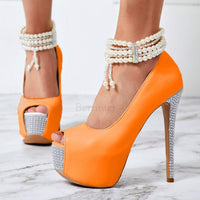 Peep Toe Pearl Stiletto Pumps shoes 11+ - Divine Diva Beauty