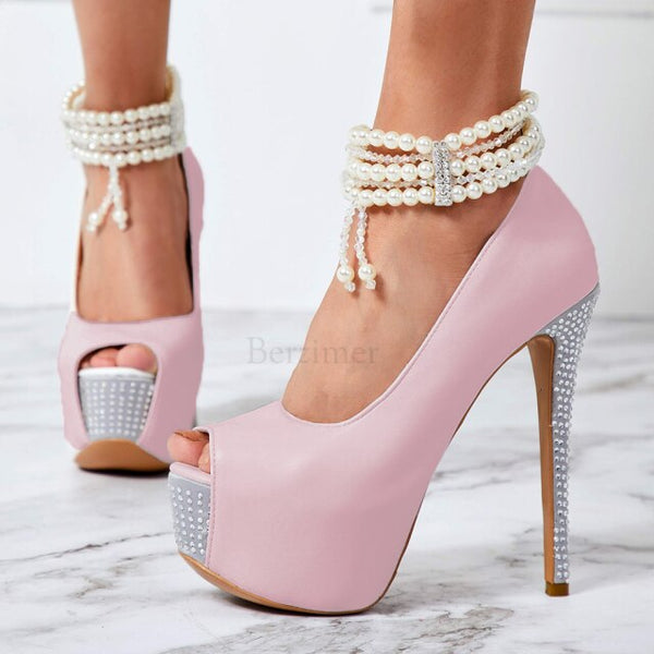 Peep Toe Pearl Stiletto Pumps shoes 11+ - Divine Diva Beauty