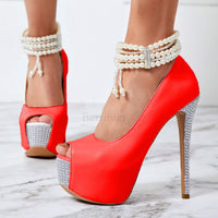 Peep Toe Pearl Stiletto Pumps shoes 11+ - Divine Diva Beauty