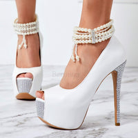 Peep Toe Pearl Stiletto Pumps shoes 11+ - Divine Diva Beauty