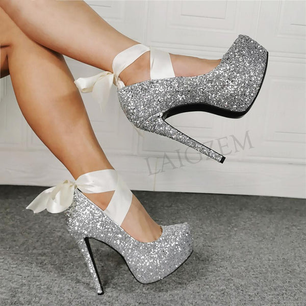 Platform Pumps Silver Glitter Shoes 11+ - Divine Diva Beauty