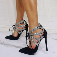 Pointed Toe Glitter Patchwork Lace Up Sandals Stiletto Heels 11+ - Divine Diva Beauty