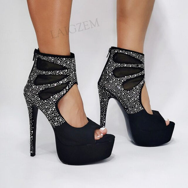 Platform Pumps Peep Toe High Heels Faux Suede Zip Up Studded Sandals 11+ - Divine Diva Beauty