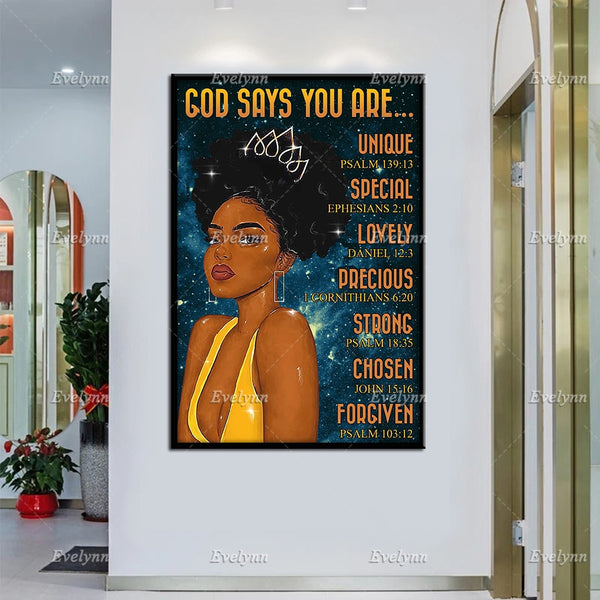 Black Girl Black Queen Retro Poster God Says You Are Unique Psalm 139 13 Wall Art Prints Home Decor Canvas Unique Gift - Divine Diva Beauty