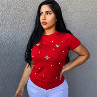 Plus Size avail Women Short Sleeve Pearl Beading T shirt - Divine Diva Beauty