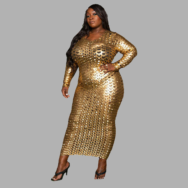 Plus Size avail Ripped See-through Hollow Out Round Neck Long Sleeved Sequins Sexy Dresses - Divine Diva Beauty