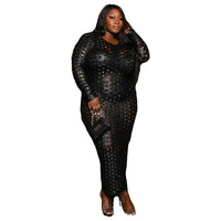 Plus Size avail Ripped See-through Hollow Out Round Neck Long Sleeved Sequins Sexy Dresses - Divine Diva Beauty