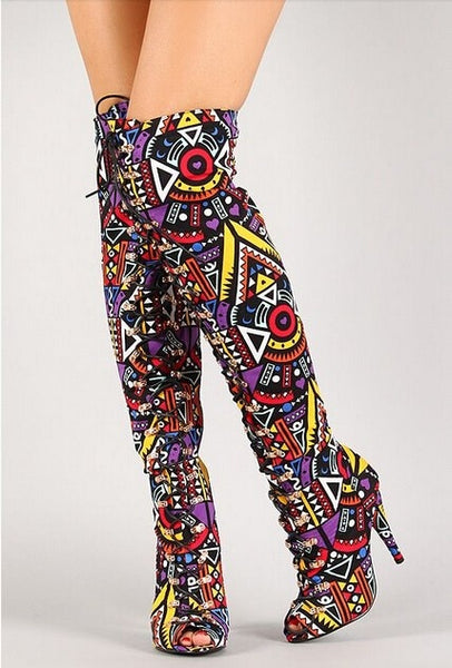 Multicolor Women Peep Toe Long Boots Side - Divine Diva Beauty