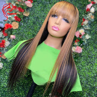 Silk Straight Highlight Blonde Human Hair Wigs Brazilian Remy 200 Density Scalp Top Full Machine Made Wig With Bangs - Divine Diva Beauty