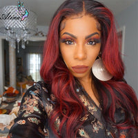 HD Body Wave Highlight 99J Lace Front Human Hair Wigs  Preplucked Deep Curly Ombre Burgundy Red Colored Lace Wigs - Divine Diva Beauty