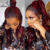 HD Body Wave Highlight 99J Lace Front Human Hair Wigs  Preplucked Deep Curly Ombre Burgundy Red Colored Lace Wigs - Divine Diva Beauty