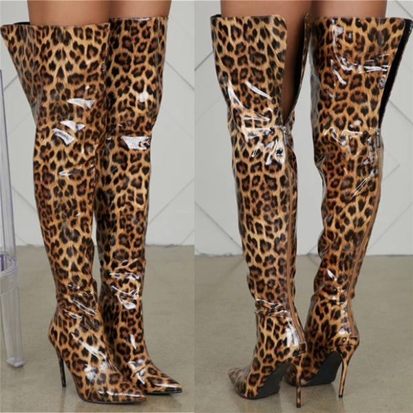 Patent Leather Sexy Women Thigh High Boots Leopard 11+ - Divine Diva Beauty