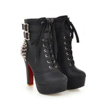 Women Lace-Up Ankle Boots Round Toe Platform Square Heels - Divine Diva Beauty