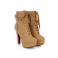 Women Lace-Up Ankle Boots Round Toe Platform Square Heels - Divine Diva Beauty